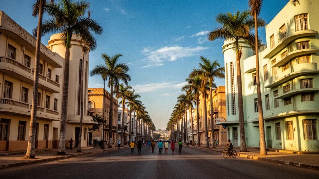 Viale orlato di palme con architettura italiana Art Déco e modernista nel centro di Asmara, Eritrea, nella calda luce del tardo pomeriggio
