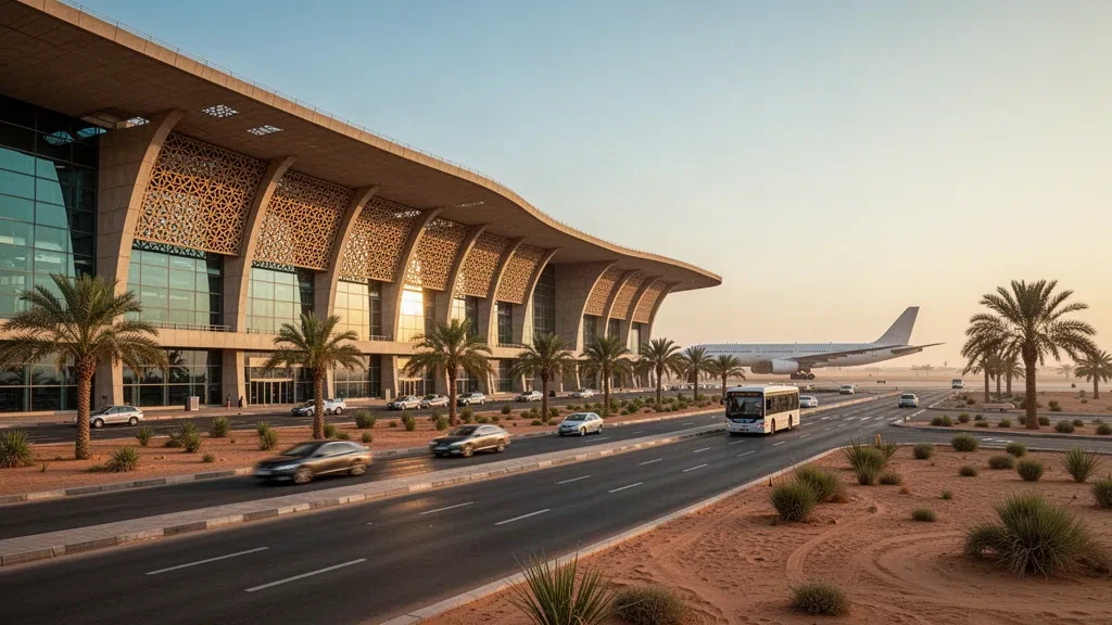 Modern glass-and-concrete terminal at Khartoum International Airport at golden hour, with palm-lined access roads and aircraft on the apron.