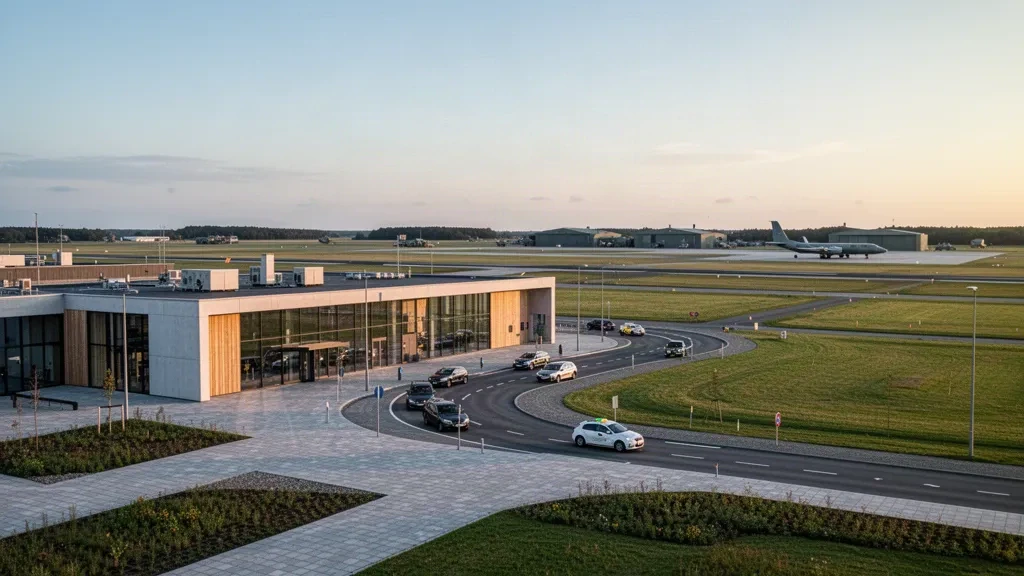 Modernes Terminal und Vorfahrtspur am Midtjyllands Airport in Karup, Dänemark, mit Startbahn und flacher jütländischer Landschaft im Licht der goldenen Stunde.