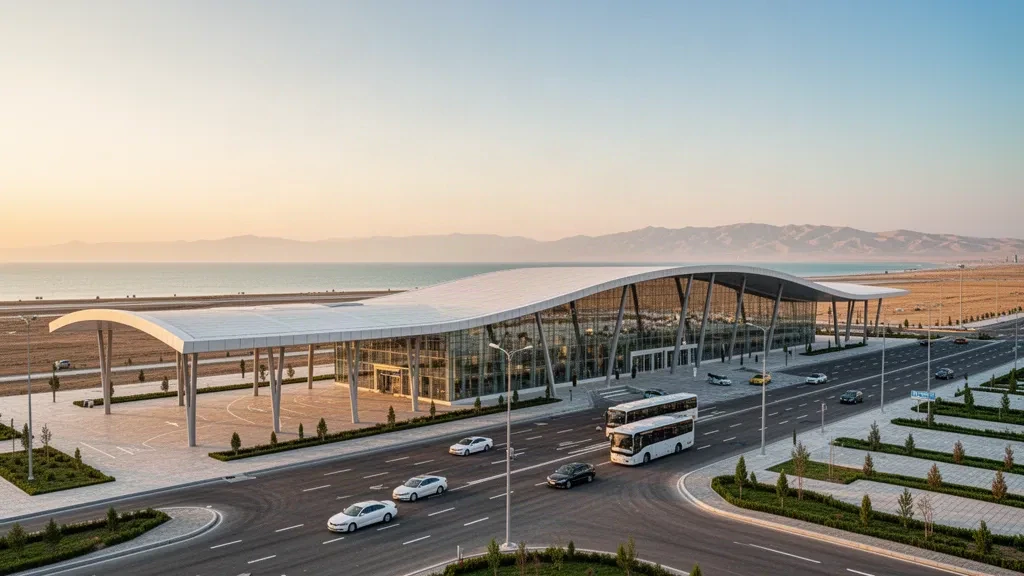 Terminal moderne en verre et voies de dépose à l'aéroport international de Turkmenbashi sur la côte caspienne du Turkménistan à l'heure dorée