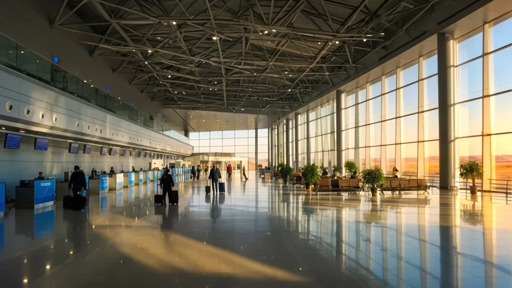 Bright departure hall interior of Karamay Airport KRY in Xinjiang, China, with check-in counters, glass curtain walls and travellers.