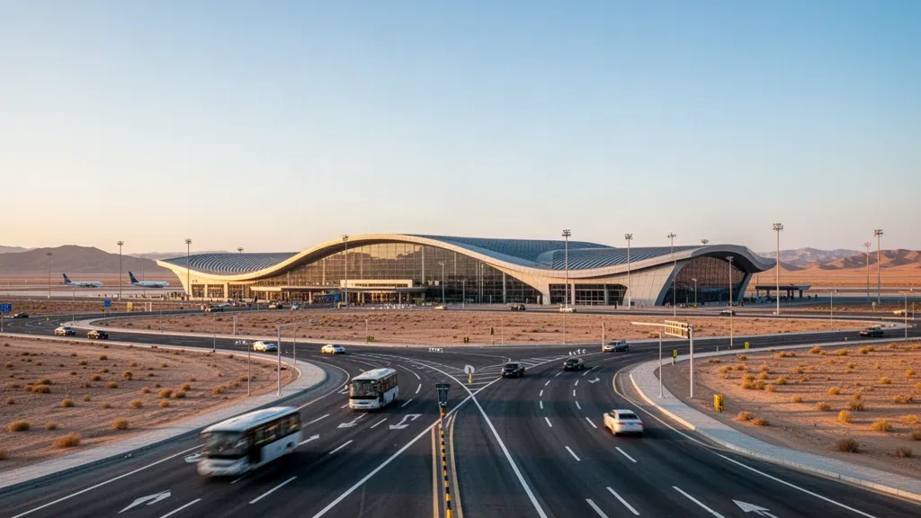 Modernes Glas-Terminal und Vorfahrtsbereiche am Flughafen Karamay in Xinjiang, China, im warmen Licht der goldenen Stunde