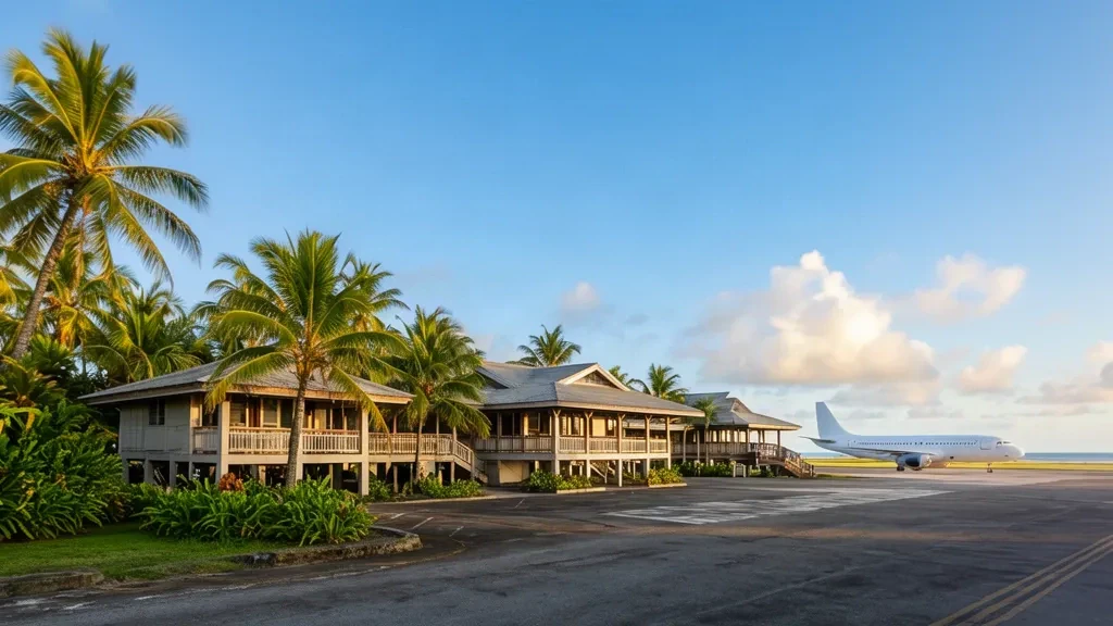 Terminalgebäude des Kosrae International Airport, umgeben von tropischer Vegetation, mit einem Verkehrsflugzeug auf dem Vorfeld unter blauem Himmel.