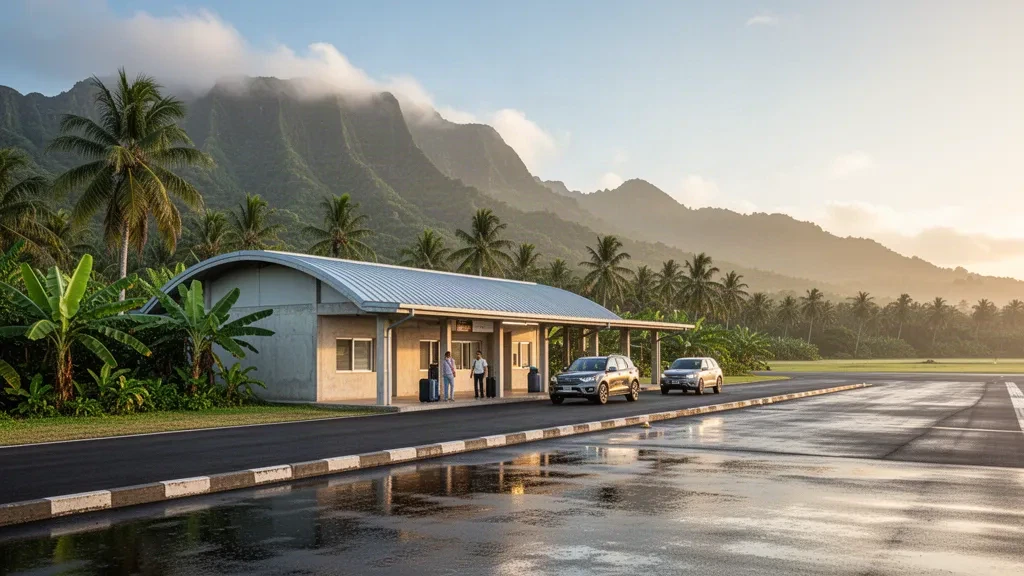 Terminal de isla tropical y entorno del aeródromo en el Aeropuerto Internacional de Kosrae con palmeras, montañas verdes y una pista mojada