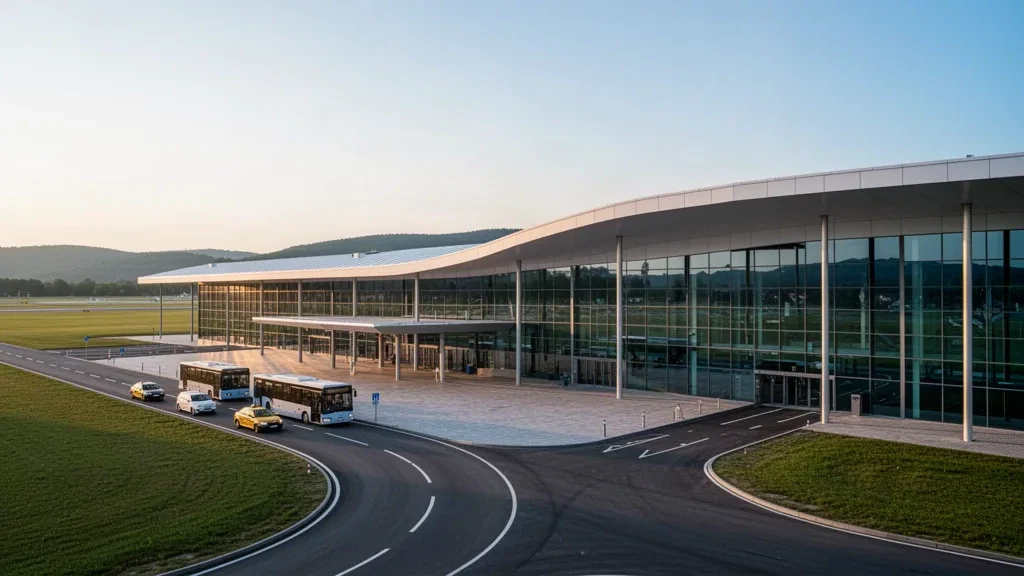 Modernes gläsernes Terminalgebäude und Vorfahrtsbereiche am internationalen Flughafen Košice im warmen Licht der goldenen Stunde