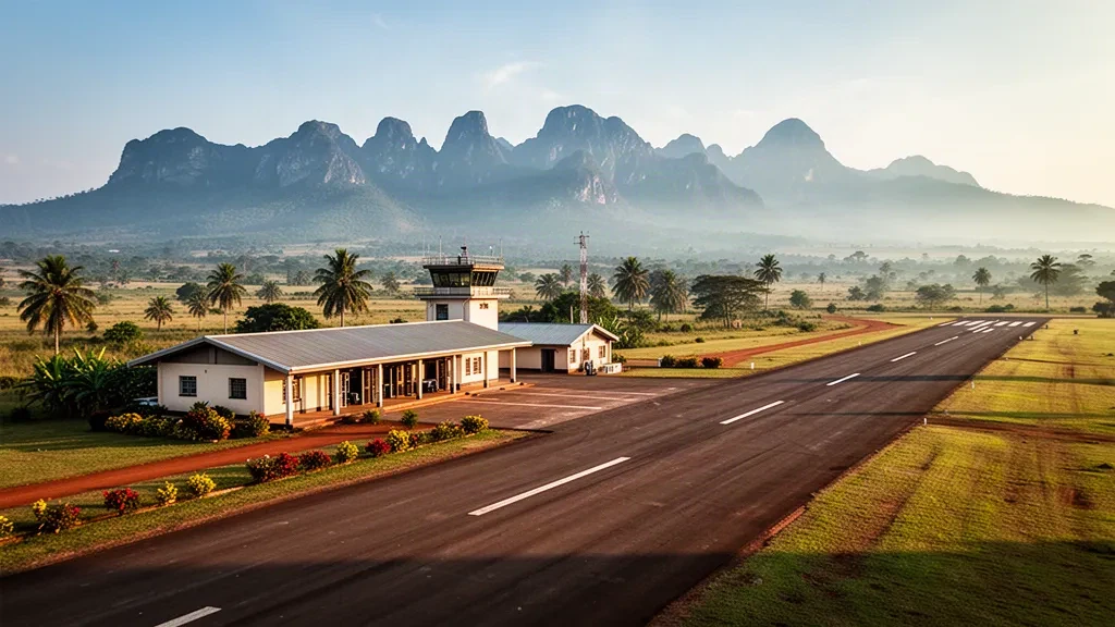 Pista y pequeña terminal del aeropuerto de Kasese en Uganda, con las montañas Rwenzori elevándose más allá de la sabana tropical a la hora dorada.