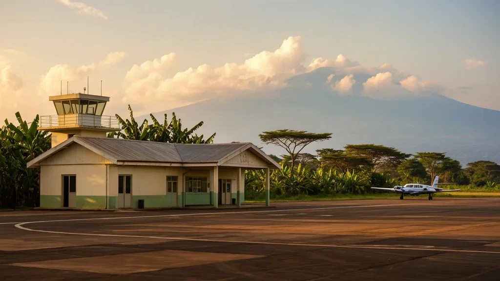 Uganda'daki Kasese Havalimanı KSE'de küçük terminal binası ve apron, havaalanının arkasında yükselen Rwenzori Dağları
