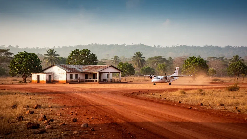 Piste en latérite rouge et petit bâtiment terminal à l'aéroport de Kissidougou en Guinée, entourés d'arbres tropicaux dans la lumière chaude de l'après-midi.