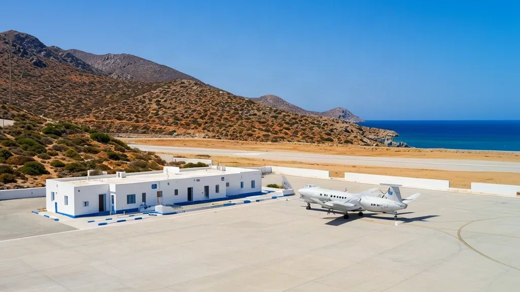 Weißgetünchtes Terminal des Flughafens der Insel Kasos (KSJ) in Griechenland mit einem Turboprop-Flugzeug auf dem Vorfeld unter trockenen Ägäis-Hügeln und blauem Sommerhimmel.