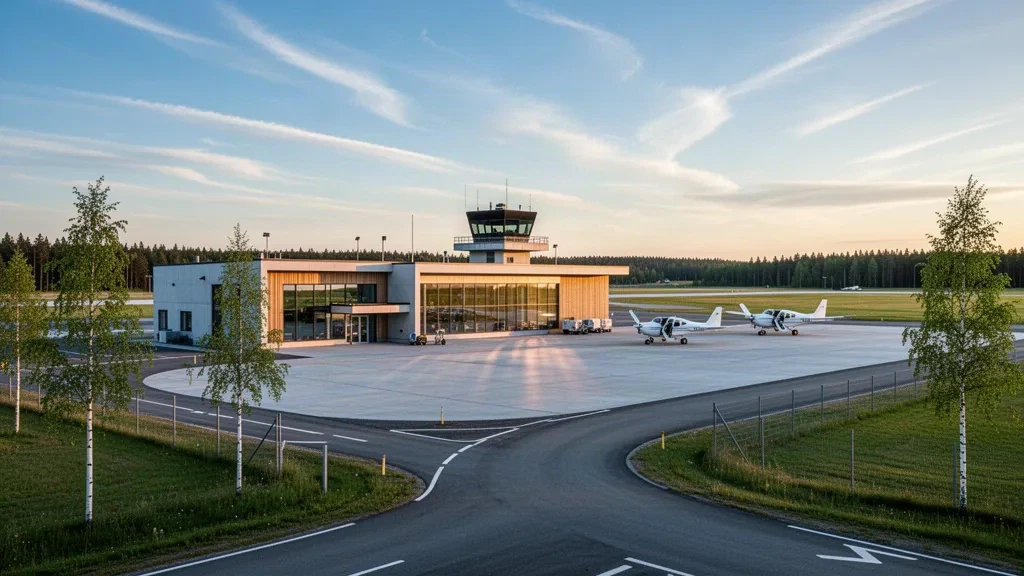 Modernes Glasterminal und ruhiges Vorfeld mit Leichtflugzeugen am Flughafen Karlskoga in Schweden bei sanftem Licht zur goldenen Stunde