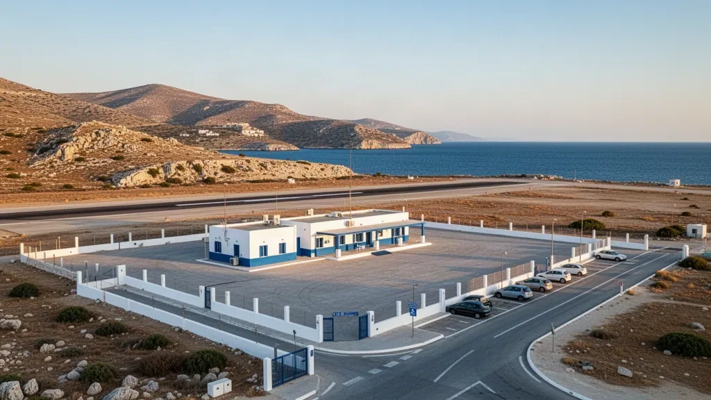 Yunanistan'daki Kasos Adası Havalimanı'nda küçük, badanalı terminal ve pist; altın saatlerde kayalık Ege tepeleri ve koyu mavi deniz.