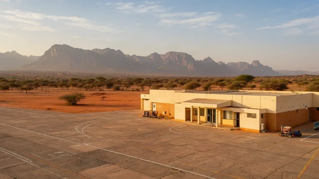 Bâtiment terminal et tarmac en béton de l'aéroport de Kassala KSL dans l'est du Soudan, avec des plaines arides et les monts Taka sous une lumière chaude d'après-midi