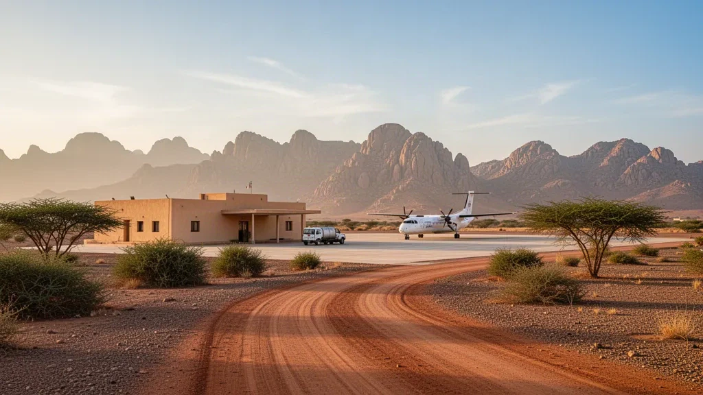 Sudan'daki Kassala Havaalanı'nda alçak terminal binası ve tozlu apron, sıcak ikindi ışığı altında granit dağlarla çevrili
