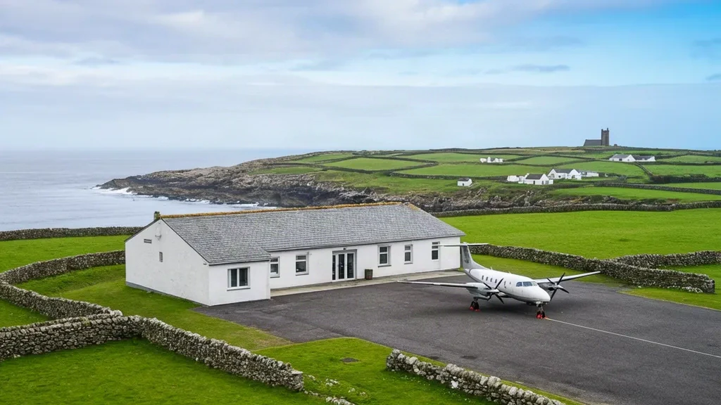 Small island airport terminal and apron at St Mary's Airport on the Isles of Scilly, surrounded by green coastal fields and Atlantic sea views