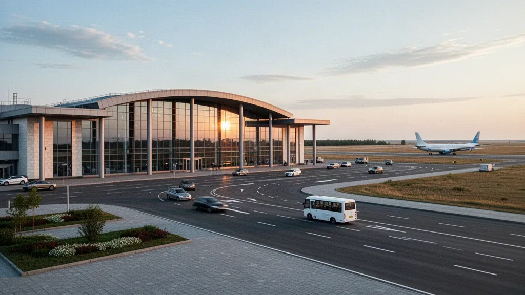 Modern glass terminal and drop-off lanes at Kostanay International Airport in Kazakhstan under warm late-afternoon light