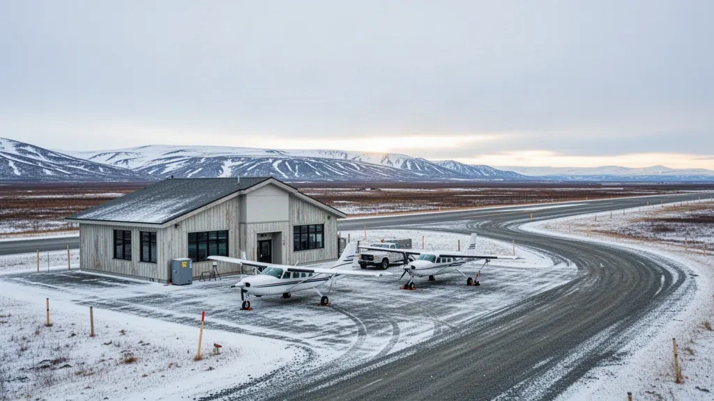 Alaska'daki St. Mary's Havalimanı'nda karla kaplı çakıl pist, park etmiş turboprop uçaklar ve soluk subarktik gökyüzü altında düz tundra