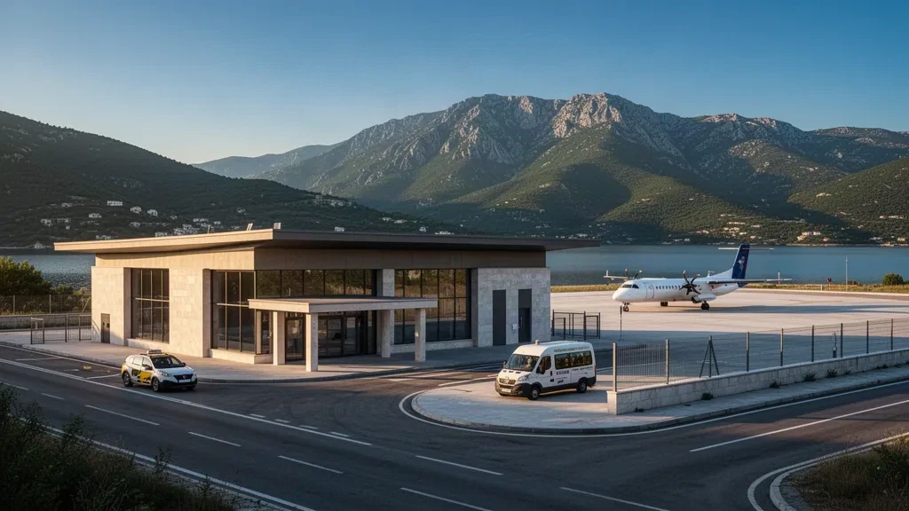 Small regional terminal at Kastoria National Airport Aristotle in Greece, with Lake Orestiada and mountains behind it at golden hour.