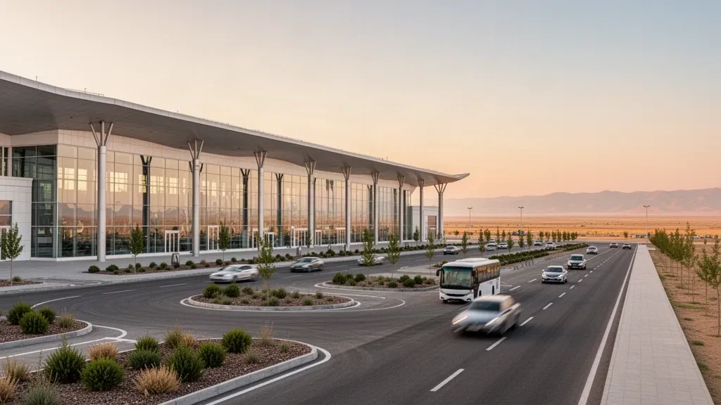 Modern glass terminal and curbside drop-off lane at Karshi Airport in Uzbekistan under warm golden-hour light