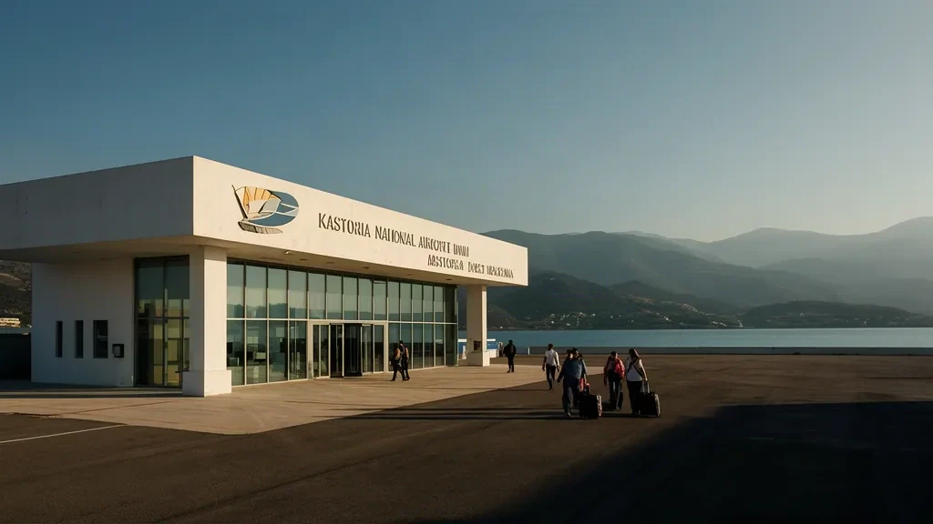 Außenansicht des Terminals des Kastoria National Airport Aristotelis in Griechenland, mit Glasfassade, kompaktem Vorfeld, Bergen und dem See Orestiada im Hintergrund.