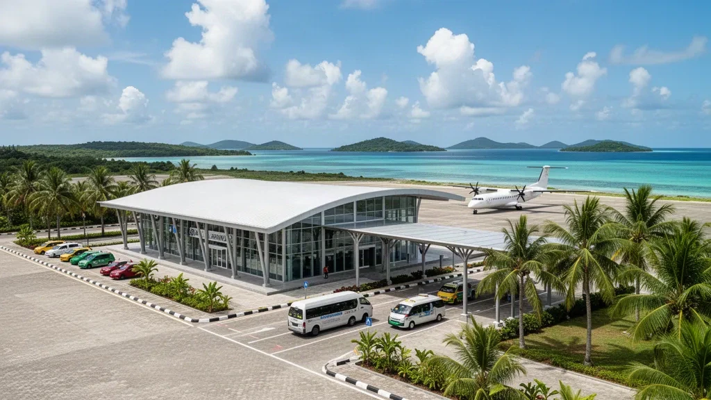 Terminal moderna y carril de bajada flanqueado por palmeras en el aeropuerto Haji Aroeppala, en la isla de Selayar, con el mar turquesa al fondo