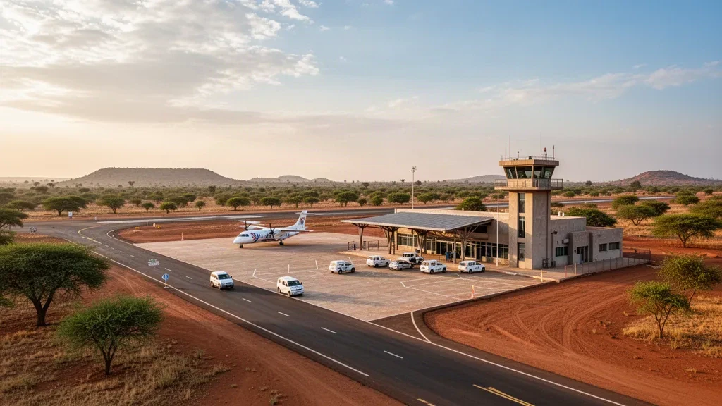 Terminal et tarmac de l'aéroport de Sikasso Dignangan au Mali à l'heure dorée, avec un turbopropulseur stationné et des routes d'accès ouvertes.