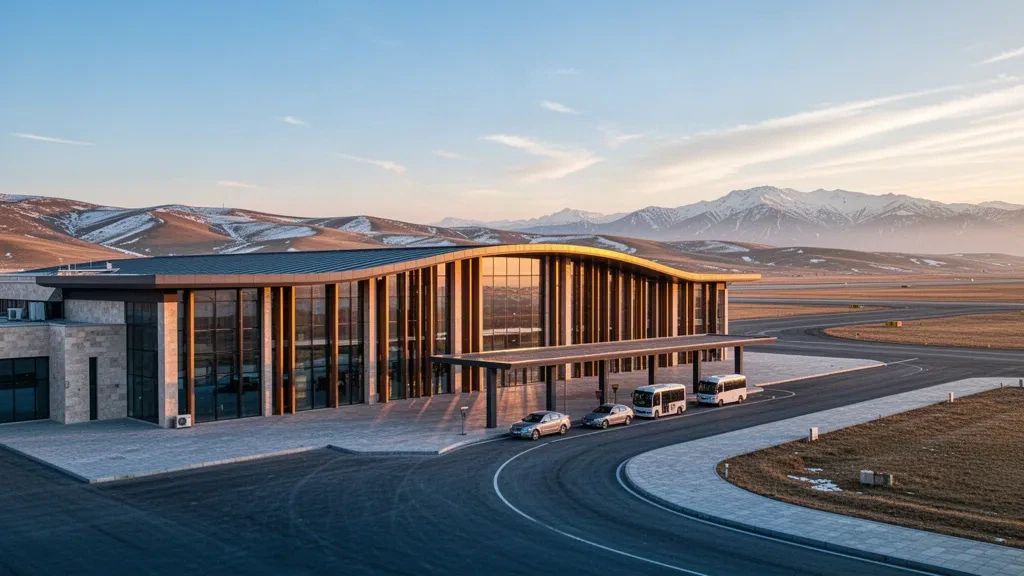 Modern glass terminal exterior at Kars Harakani Airport in Turkey at golden hour, with drop-off lanes and a snowy steppe horizon