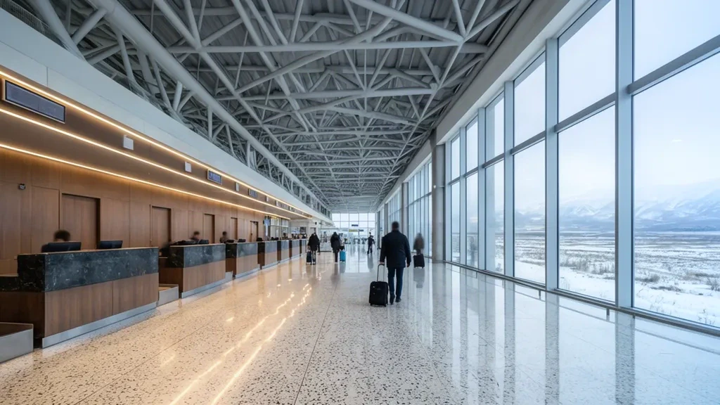 Sala partenze moderna del terminal dell'Aeroporto di Kars Harakani KSY nella Turchia orientale, con banchi check-in, passeggeri e viste sull'altopiano innevato attraverso le vetrate