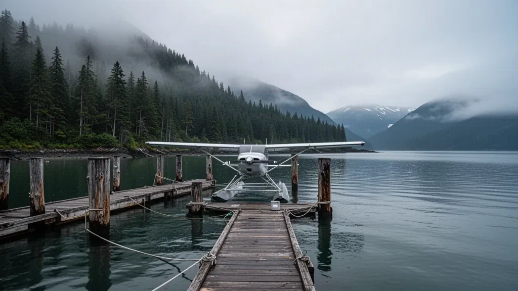 Idrovolante ormeggiato al molo della Base per Idrovolanti di Thorne Bay sulle acque calme dell'Alaska, circondato da isole boscose nebbiose e creste di fiordo