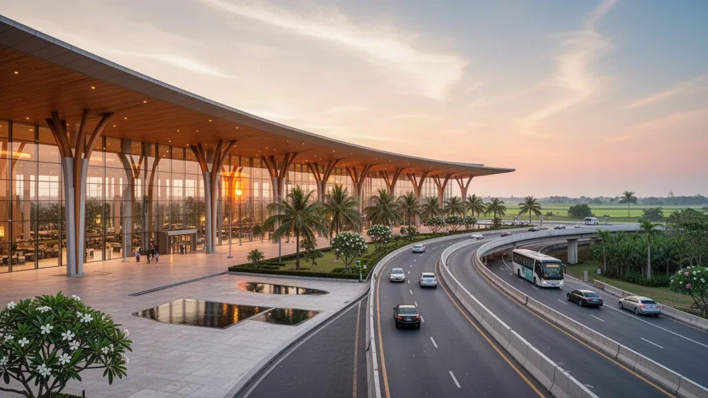 Terminal moderne au toit incurvé et parvis bordé de palmiers à l'aéroport international Techo près de Phnom Penh à l'heure dorée