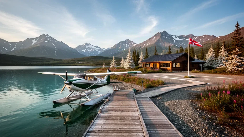 Hydravion amarré à un quai en bois sur un lac isolé d'Alaska à l'heure dorée, avec des collines de toundra et des montagnes derrière Tikchik Lodge Seaplane Base