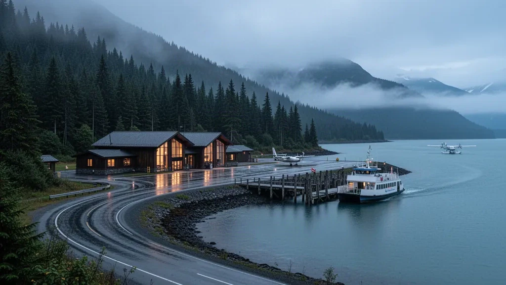 Terminal del Aeropuerto Internacional de Ketchikan en la isla Gravina, Alaska, con muelle de ferry, bosque lluvioso brumoso y aguas del estrecho de Tongass al atardecer