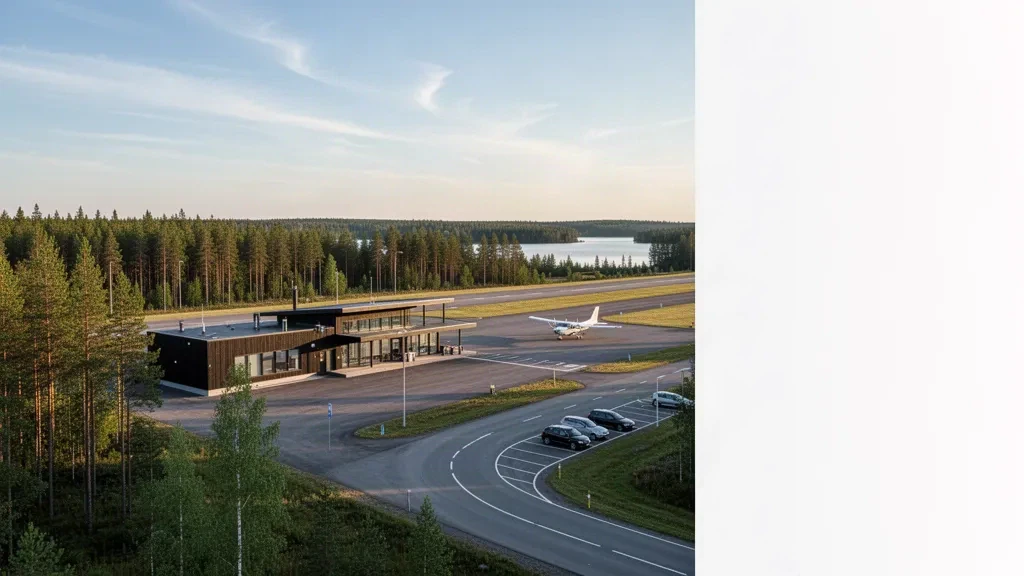 Kleines modernes Terminal und Start- und Landebahn am Flughafen Kitee in Nordkarelien, Finnland, umrahmt von borealem Wald in weichem nordischem Morgenlicht
