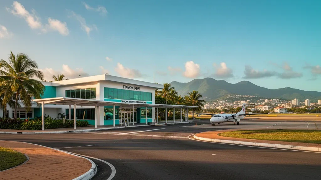 Terminal e area di sosta dell'aeroporto di Tinson Pen a Kingston, Giamaica, con vegetazione tropicale e un turboelica sul piazzale all'ora d'oro.
