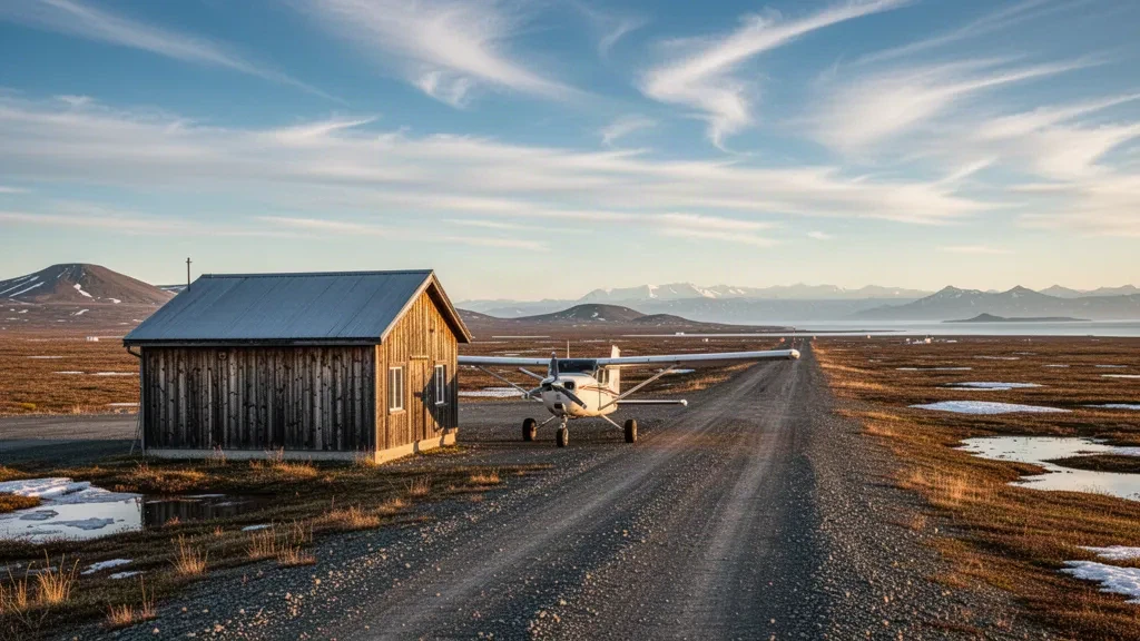 Remote gravel runway and small terminal at Brevig Mission Airport in arctic Alaska, surrounded by treeless tundra and distant Seward Peninsula hills.
