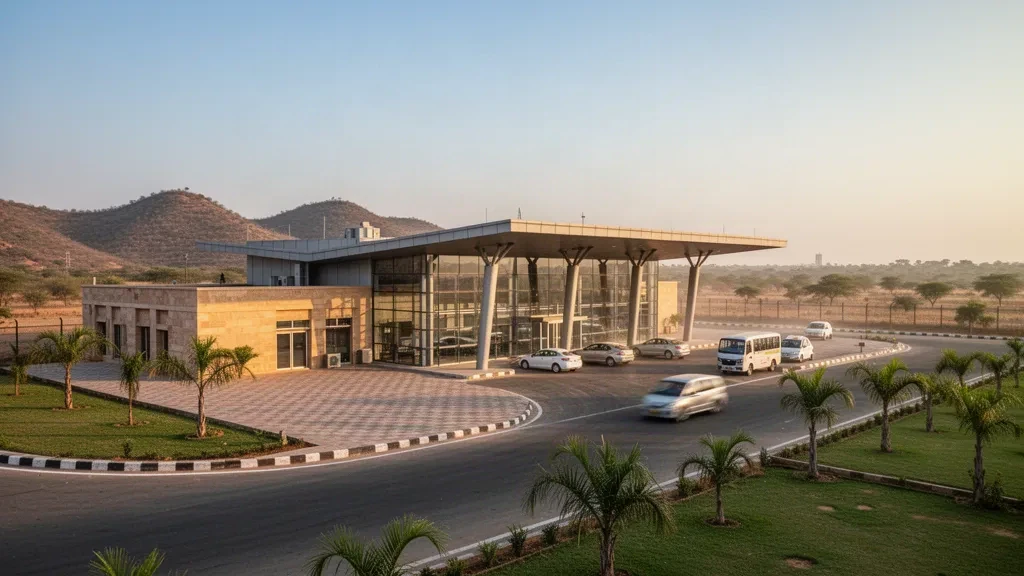 Modern Kota Airport terminal building and drop-off lane in Rajasthan at golden hour, with cars at the curb under a soft blue sky