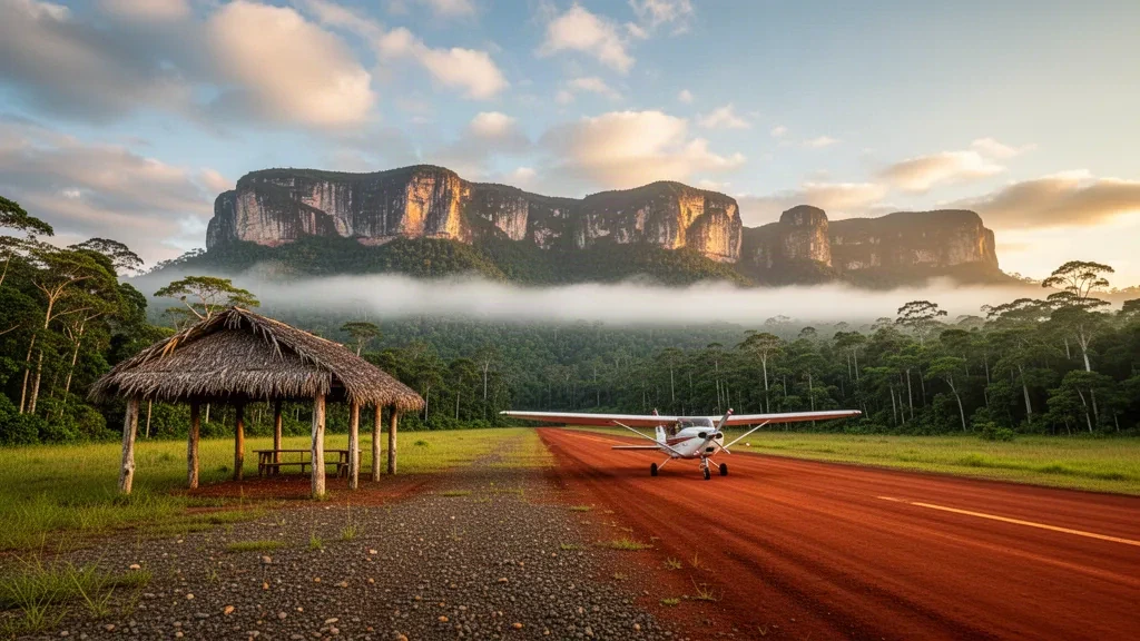 Piste éloignée à la terre rouge de l'aéroport de Kamarata dans la forêt tropicale de Canaima au Venezuela, encadrée par les tepuys, la brume et la lumière du petit matin.