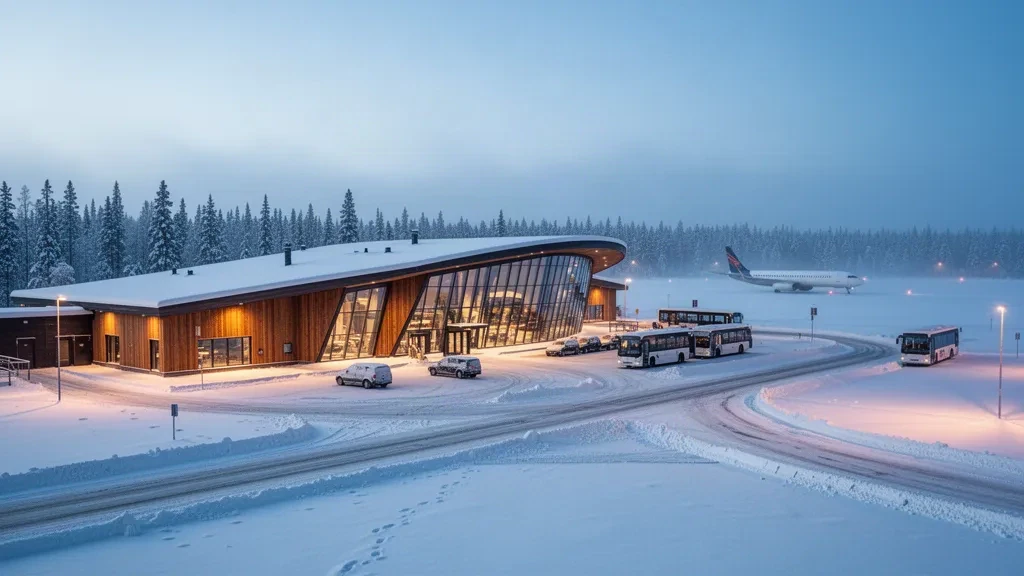 Schneebedecktes Terminal des Flughafens Kittilä in Finnisch-Lappland mit moderner Holz- und Glasarchitektur, Winterlicht und arktischem Wald im Hintergrund