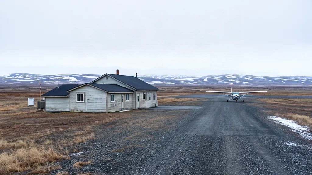Bescheidenes Terminalgebäude und Schotterpiste am Flughafen Brevig Mission im abgelegenen Alaska unter einem bedeckten arktischen Himmel.