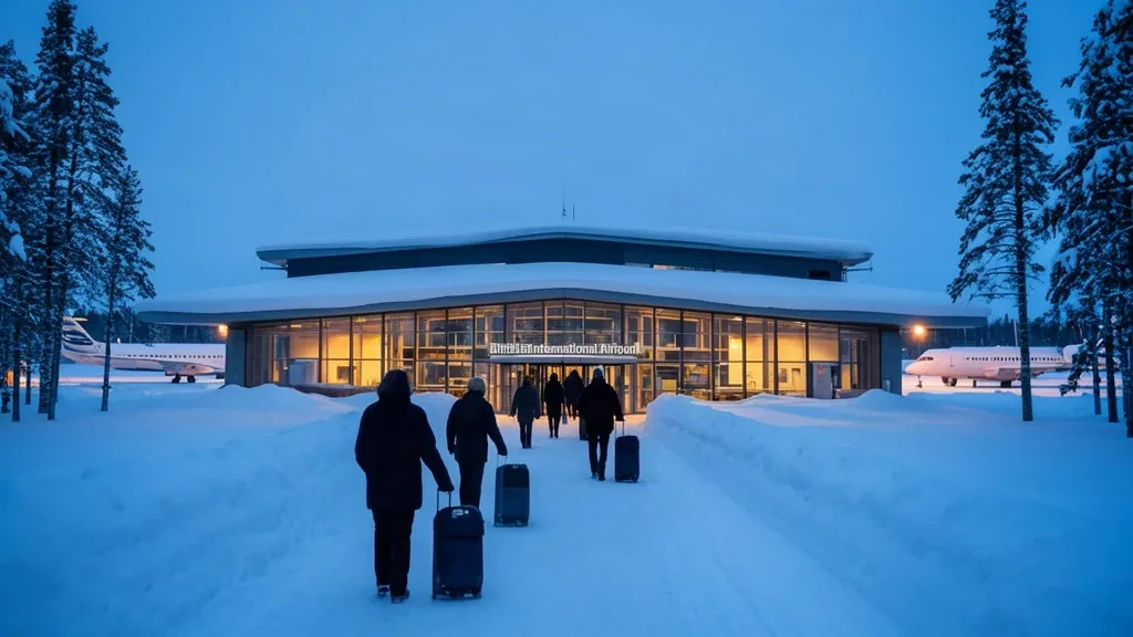 Finlandiya Lapland'da Kittilä Uluslararası Havalimanı terminalinin karla kaplı bir apron ve gelen yolcularla kış dış görünümü