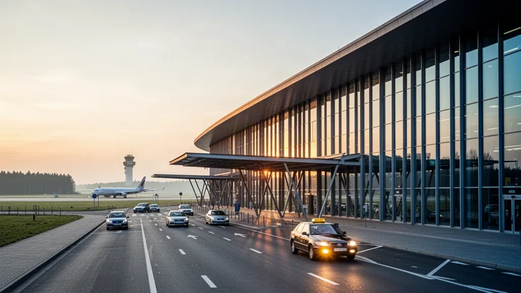Moderne Außenfassade des Terminals aus Glas und Stahl am Internationalen Flughafen Katowice Wojciech Korfanty, die zur goldenen Stunde mit einer Ausstiegsspur leuchtet
