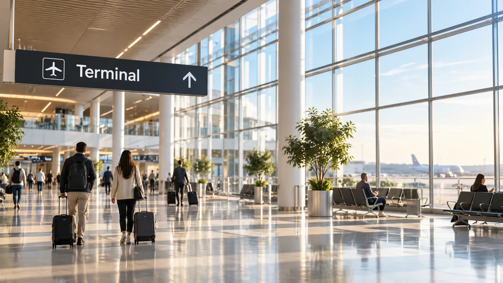 Reisende unter Terminalschildern in einem Flughafen